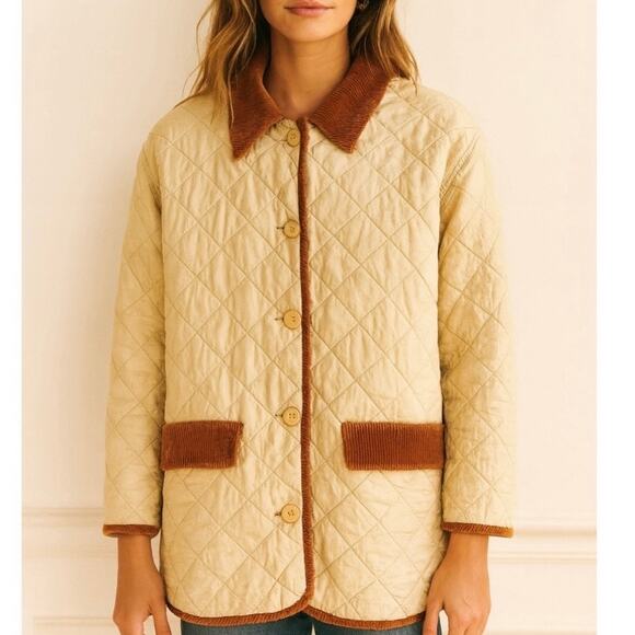 Vintage 90s Selene Sport Silk Quilted Barn Coat Corduroy Trim Heritage Preppy - Picture 9 of 9
